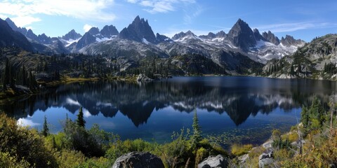 Serene mountain lake with majestic peaks and clear blue sky reflections