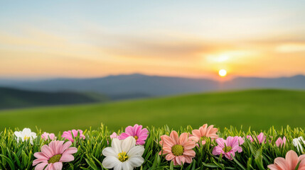 Fototapeta premium A serene sunset scene over rolling hills, adorned with colorful flowers in the foreground, capturing the beauty of nature.