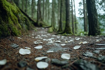 Petals on forest trail, misty day, nature