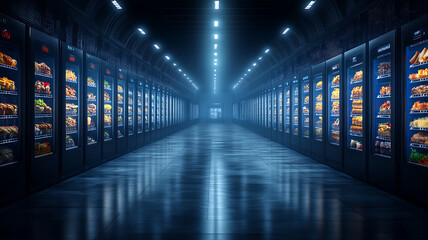 Fototapeta premium Futuristic touch screen food vending machine in front of the shop, mysterious urban lighting sky