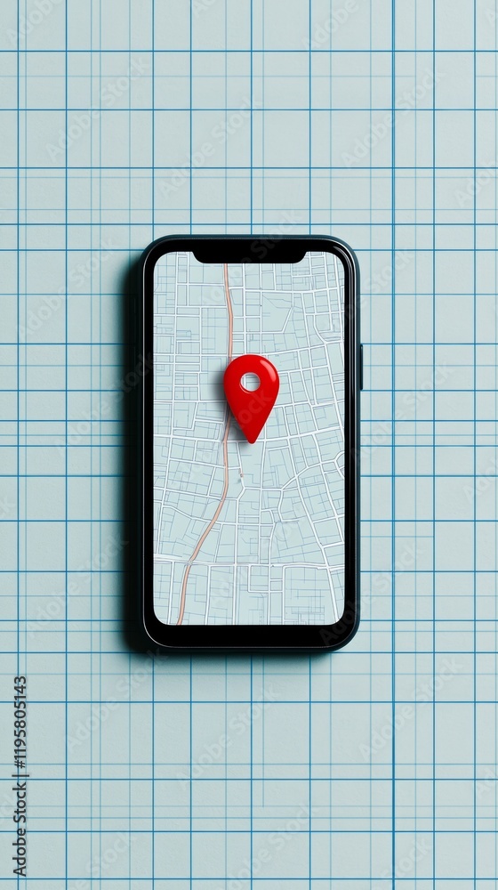 Poster smartphone displaying an online map with a prominent red gps pin, positioned on a light blue bluepri