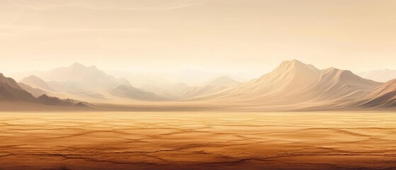 Fototapeta premium Vast brown desert landscape with distant mountains and heat haze under a hazy sky