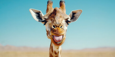 Funny giraffe showing tongue on bright natural background landscape. Funny animals, safari, copy space