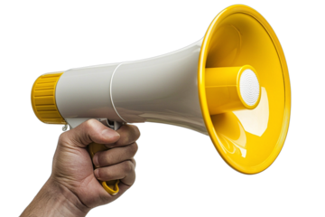 a hand holding a yellow and white megaphone on a transparent background photo PNG image, PNG file, Generative art.