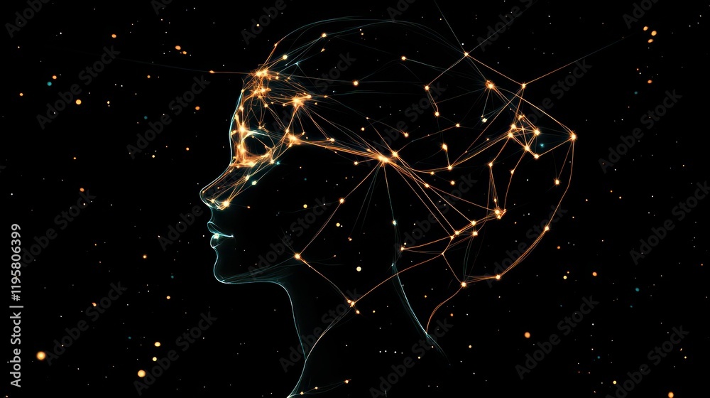Poster abstract profile of a woman's head with glowing lines and dots, resembling neural connections agains
