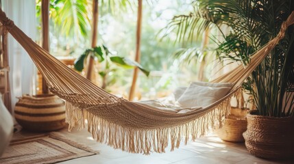 Obraz premium Beige hammock with tassels indoors near plants, sunlight.