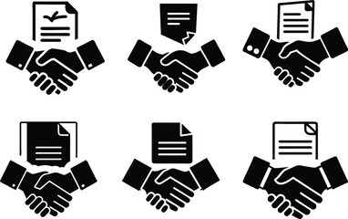 A handshake where one hand holds a certificate or document silhouette vector art illustration