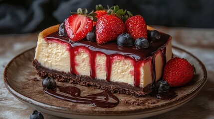 Delicious cheesecake topped with fresh strawberries and blueberries on a rustic plate, with a dark background
