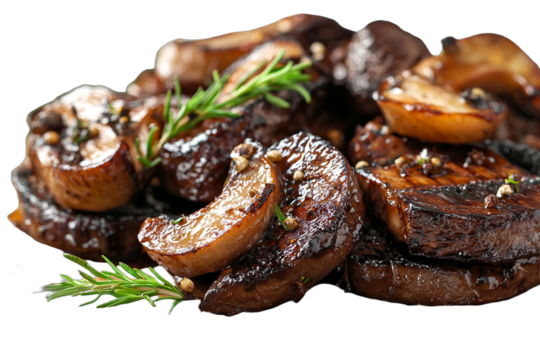 a plate of steak with mushrooms and herbs PNG image, PNG file, Generative art.