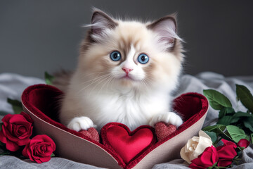 A Valentine dream comes to life as this fluffy kitten lounges among soft pillows, glittering hearts, and pretty blooms.
