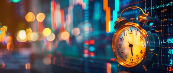 Time management techniques for business professionals analyzing market trends using an alarm clock in a modern office environment