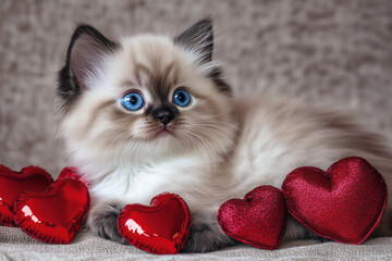 This adorable fluffy kitten curls up in a cozy scene with heart decorations, ready to melt hearts on Valentine&rsquo;s Day.
