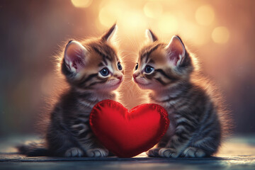 Two tiny kittens snuggle close, holding a single red heart. Their sweet pose captures the purest Valentine&rsquo;s Day love.