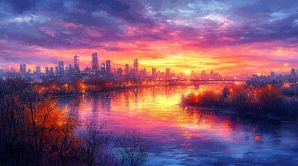 Fototapeta premium Vibrant Cityscape Sunset Reflection