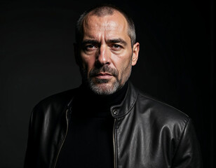 Obraz premium Rugged Portrait of a Man in a Leather Jacket with Dramatic Studio Lighting