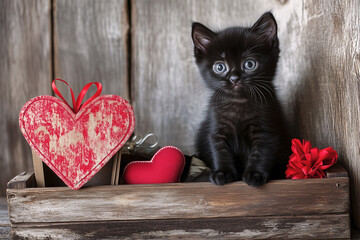 A black kitten sits sweetly, surrounded by red hearts and rustic accents, spreading Valentine&rsquo;s Day love in the cutest way.