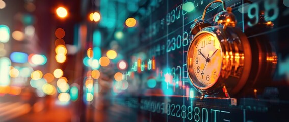 Time management techniques for business professionals analyzing market trends using an alarm clock in a modern office environment