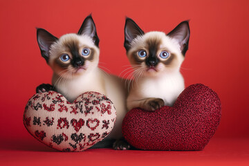 Siamese kittens bring double the joy in this Valentine display. With hearts and cuddles, they steal hearts everywhere.