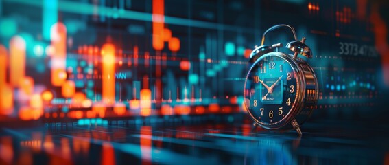 Time management techniques for business professionals analyzing market trends using an alarm clock in a modern office environment