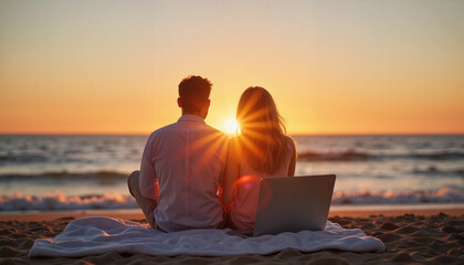 Fototapeta premium Romantic couple watching sunset by the ocean, serene connection