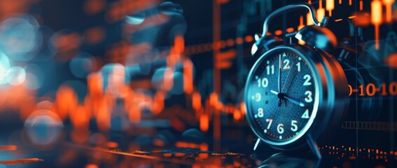 Time management techniques for business professionals analyzing market trends using an alarm clock in a modern office environment