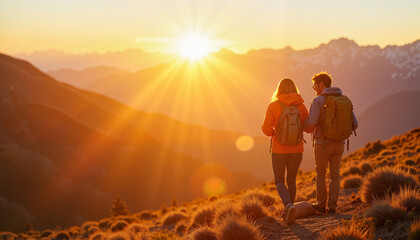 Fototapeta premium Couple hiking at sunset on mountain trail, adventure and connection
