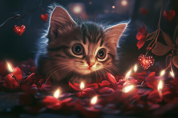 This fluffy kitten steals the spotlight in a romantic Valentine&rsquo;s scene, where tiny hearts, glowing lights, and delicate petals create an enchanting, dreamy setting.