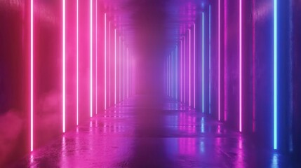 Futuristic neon pink and blue light tunnel with smoke and reflective floor.