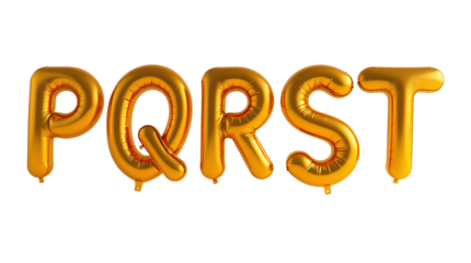Photo of P, Q, R, S, T, alphabet made of golden balloons isolated on transparent background