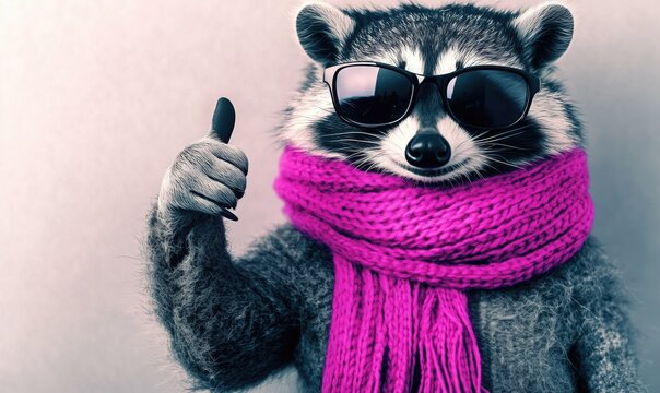 Stylish Raccoon Wearing Pink Scarf and Sunglasses Giving Thumbs Up