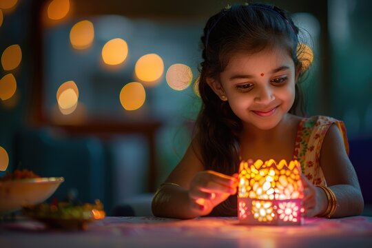 Indian girl decorates lantern for Diwali  celebrating culture and spirituality.