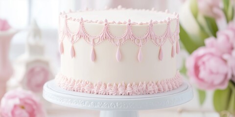Elegant Pink and White Iced Cake on a Floral-Themed Background. Ideal for celebrations, weddings, or special occasions.