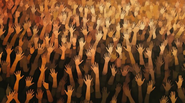 Hands rising in a vibrant crowd, conveying excitement and participation, capturing the energy of a concert, festival, or other lively event filled with joy and unity