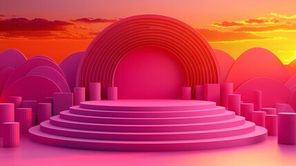 Naklejka premium Pink Geometric Sunset Stage: An abstract stage for product display, crafted in a vibrant pink hue. The layered platform stands out against a backdrop of soft pastel hills.