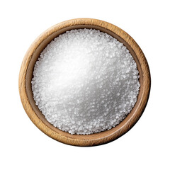 Close up of coarse or rock natural sea salt in brown bowl isolated on white or transparent background.