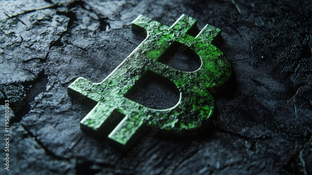 Poster glowing green bitcoin symbol is laying on a dark textured rock surface, suggesting concepts of crypt