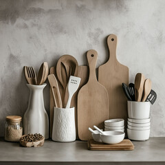 kitchen utensils on wooden table