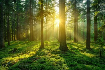 Obraz premium Beautiful morning sunlight illuminating lush green mossy forest floor