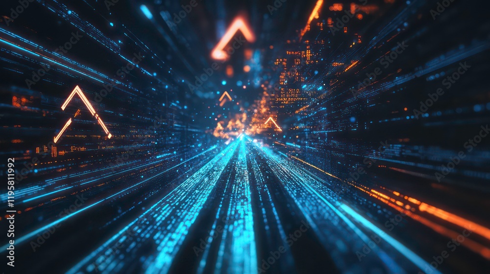 Poster abstract digital highway with glowing orange and blue arrows, symbolizing fast data transfer and tec