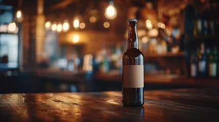 Empty brown beer bottle on bar table, dimly lit pub interior