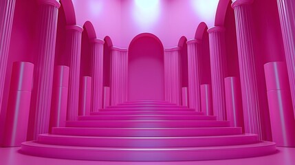 Obraz premium Pink Palace Steps: A visually stunning, 3D-rendered scene featuring a grand staircase leading to an arched hallway with pink pillars, creating an opulent and surreal atmosphere.