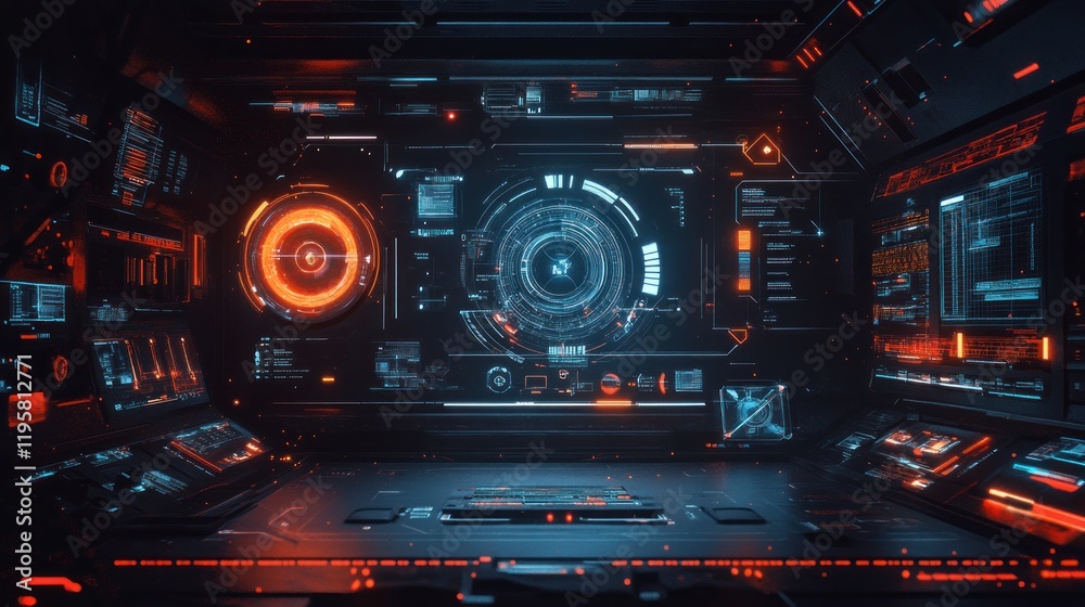 Poster futuristic spaceship bridge control room interface