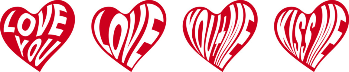 A set of heart-shaped typography designs in bold red featuring romantic messages like 