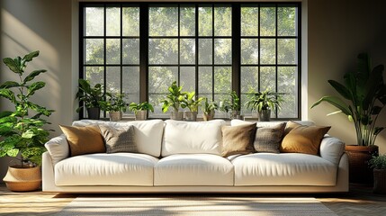 Fototapeta premium Modern Living Room with Cozy Sofa and Lush Greenhouse Plants