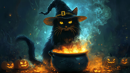 Black cat in a witch's hat sitting in front of a cauldron filled with glowing potions, witch cat, mystical halloween pet. Thornspire. Illustration