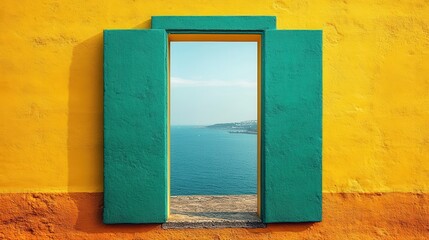 Colorful Doorway Overlooking Serene Ocean and Coastal View