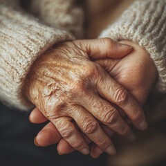 Fototapeta premium A tender close-up of a young woman holding an elderly lady's hand, symbolizing connection and care. Ideal for healthcare and family campaigns.