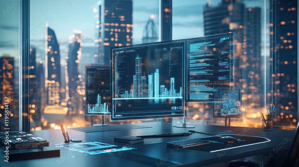 Poster Modern Cityscape Design Displayed On Multiple Computer Screens