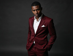Fototapeta premium Stylish Portrait of a Confident Man in a Burgundy Suit with a Charcoal Gray Background