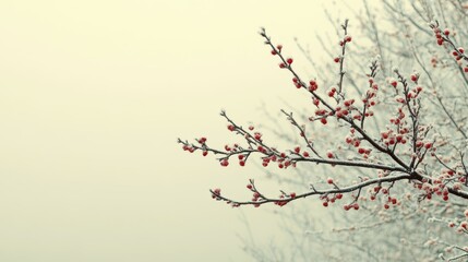 Frosty Winter Branches with Red Berries Against a Soft Background